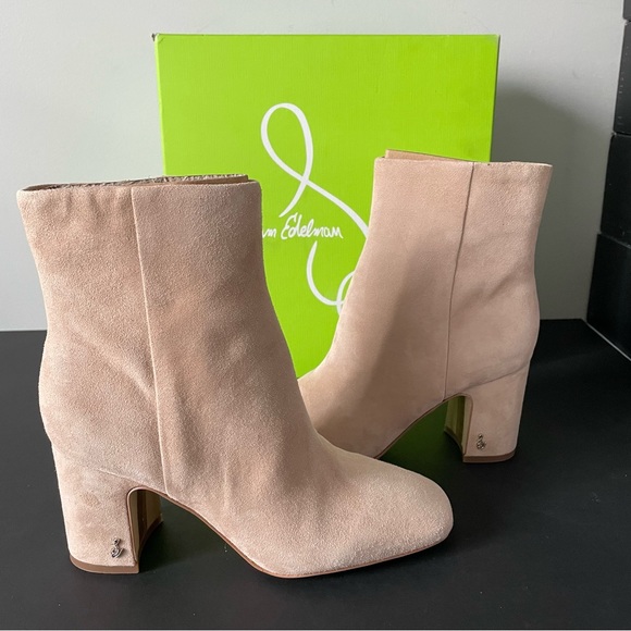 NIB Sam Edelman Fawn Warm Oat Suede Block Heel Ankle Boots - Picture 6 of 13